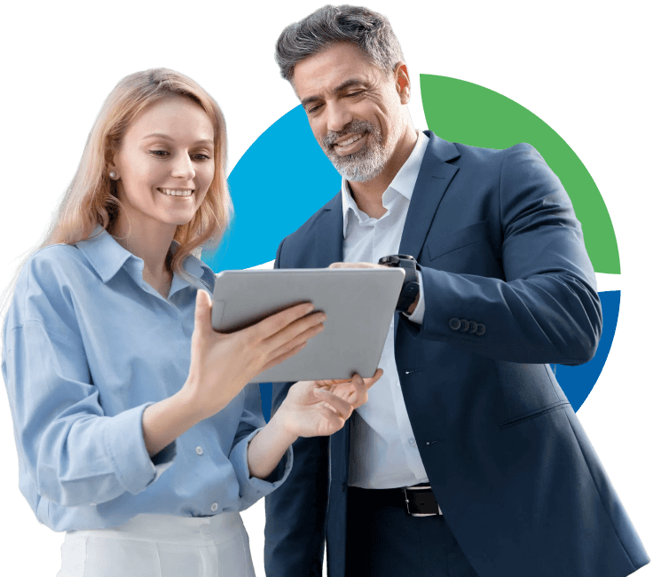 Two business people looking at data results on tablet