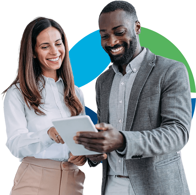 Two young business people with tablet